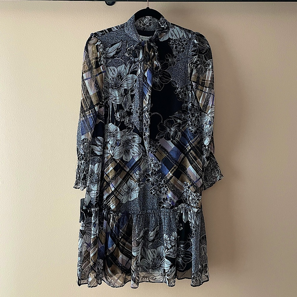 LONDON TIMES Womens Black Smocked Sheer Tie-neck Lined 3/4 Sleeve Shift Dress